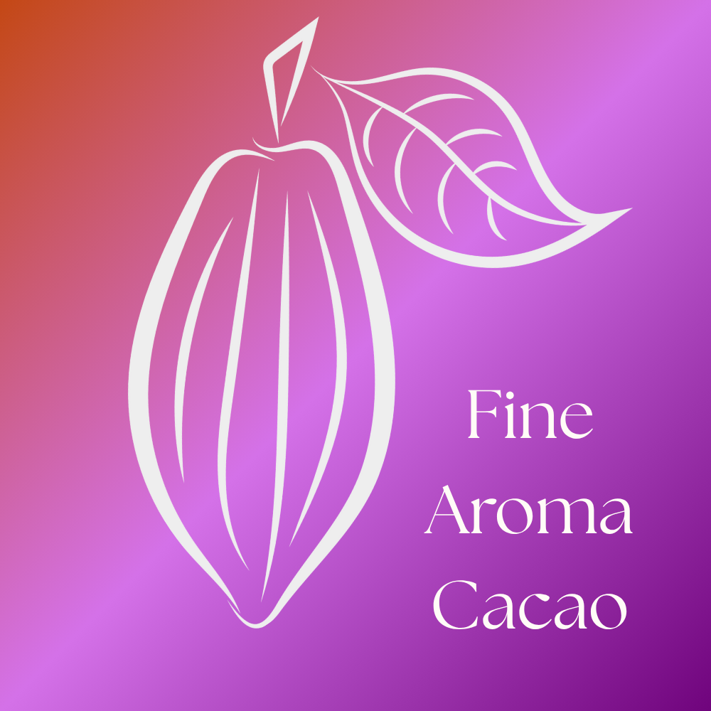 Cacao pod graphic with leaves, set against a gradient background, featuring the text "Fine Aroma Cacao."