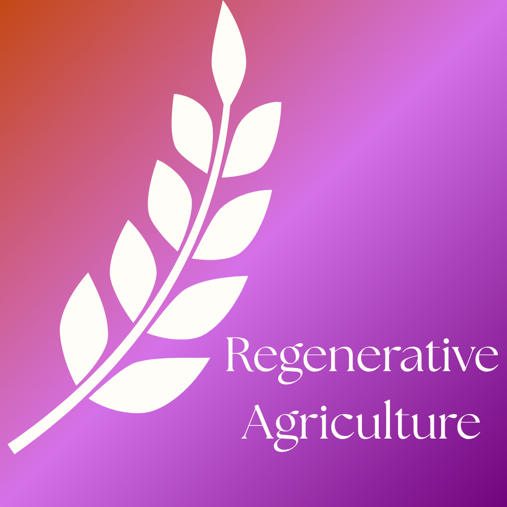 White leaf icon on a gradient red to purple background, labeled "Regenerative Agriculture."