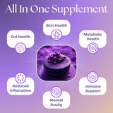 Purple supplement powder with labels for gut health, skin health, and immune support.
