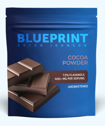 Blue packaging featuring cocoa powder and chocolate squares with health benefits highlighted.