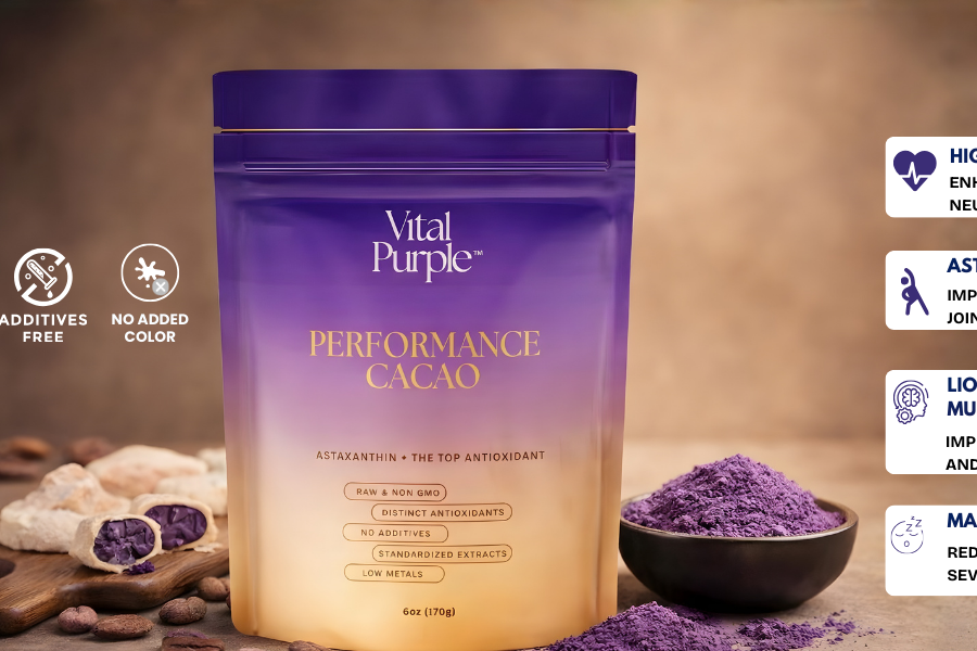 A picture describing the ingredients in the Mushroom Cacao Drink mix from Vital Purple