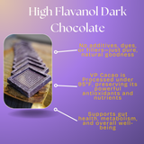 A picture of High Flavanol Dark Chocolate that is touting it's low temperature process