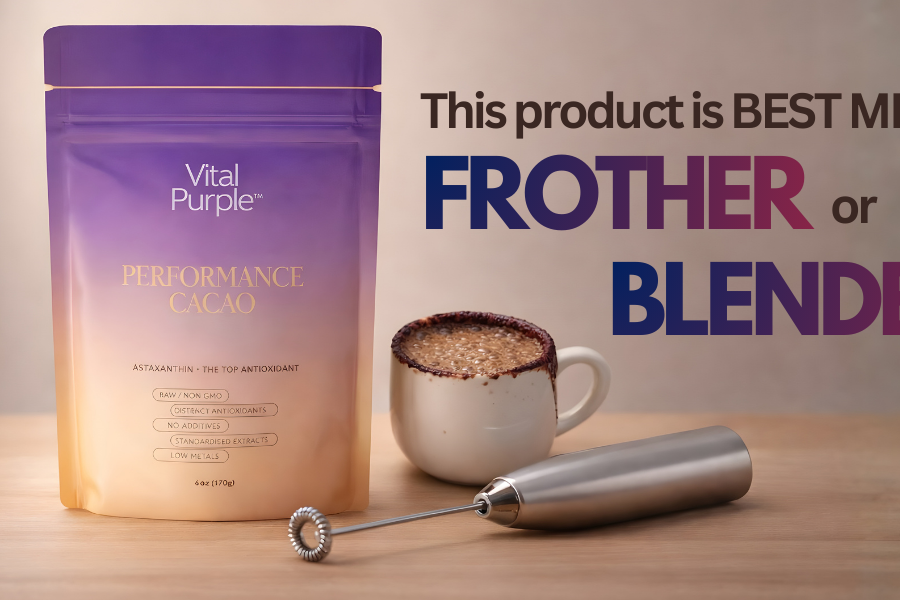 A picture of a Mushroom Cacao product with a frother