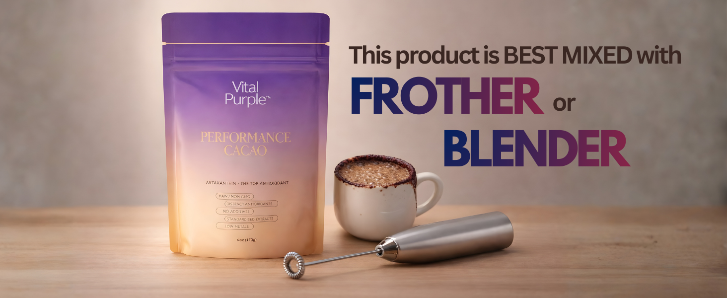 A picture of a Mushroom Cacao product with a frother