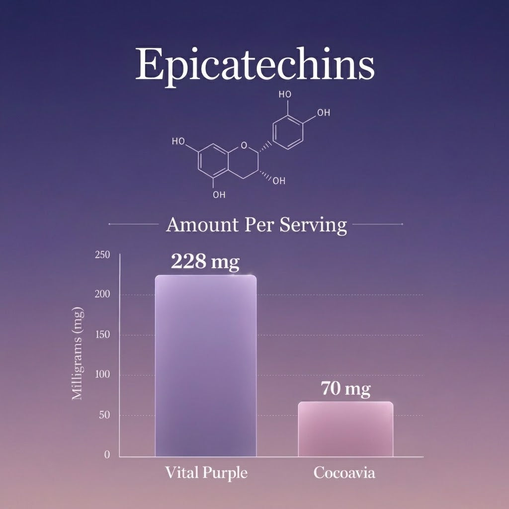 Bar chart comparing epicatechins in 'Vital Purple' and 'Cocoavia' with a molecular structure of epicatechins above.
