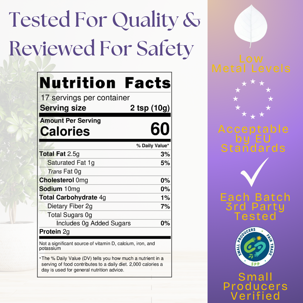 A picture of the nutrition facts of the Vital Purple Cocoa Powder