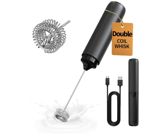 Powerful, Rechargeable Coffee/Cacao Frother Dual Coil Whisk Head Electric