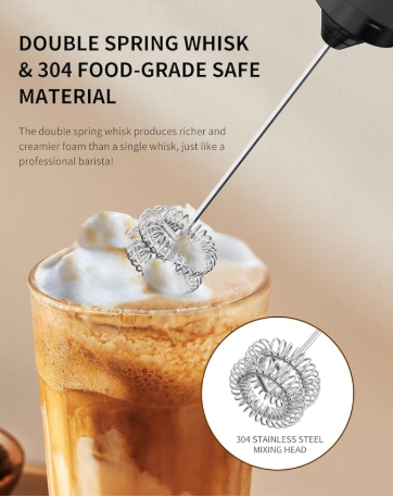 Powerful, Rechargeable Coffee/Cacao Frother Dual Coil Whisk Head Electric