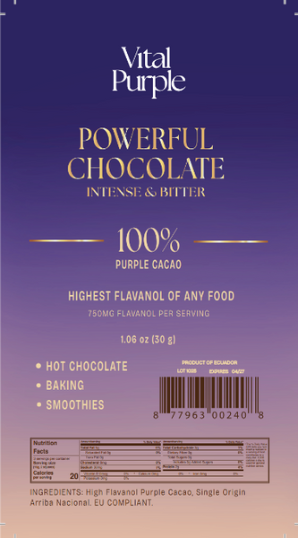 Powerful Chocolate- High Flavanol Dark Chocolate | Purple Chocolate | 100% Dark Chocolate | Bitter | Intense- Ship Date 11.20