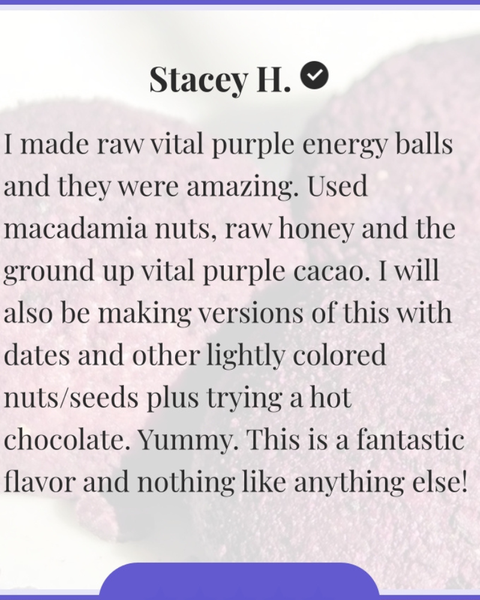 Text from Stacey H. about making raw vital purple energy balls with macadamia nuts, raw honey, and cacao.