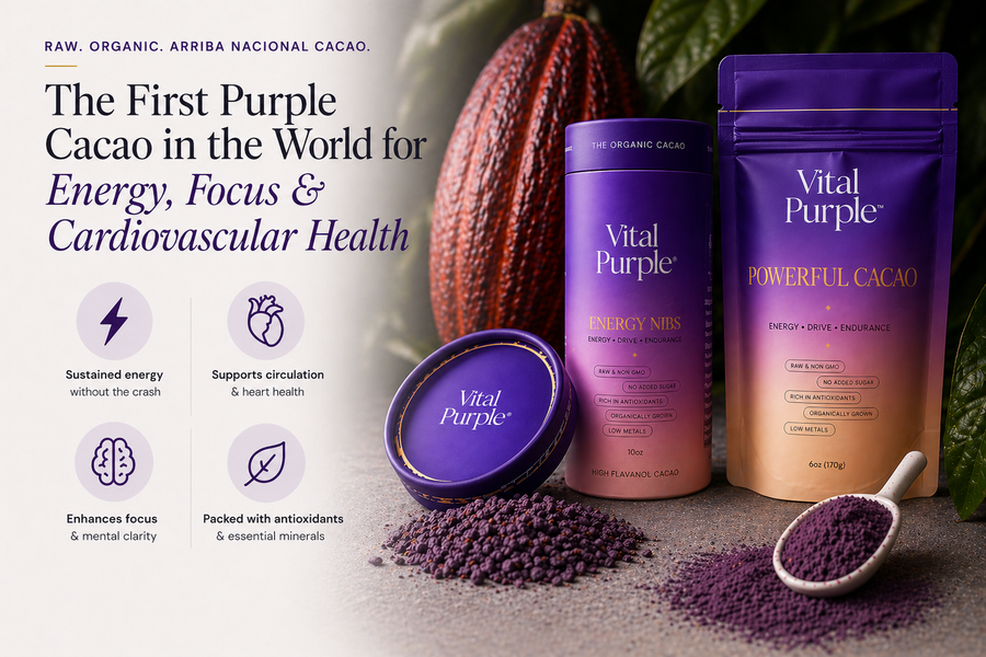 Vital Purple cacao products with text about health benefits on a dark background
