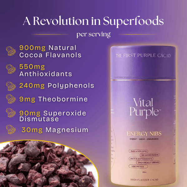 High Flavanol Cocoa Nibs 10 oz | High Antioxidant | Low Cadmium | Raw Cacao | Purple Cocoa - Vital Purple
