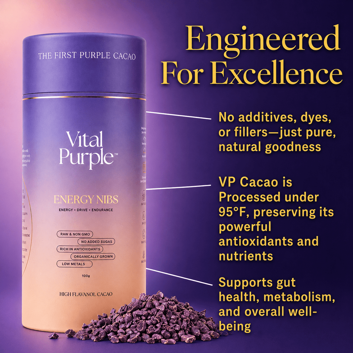 High Flavanol Cocoa Nibs 10 oz | High Antioxidant | Low Cadmium | Raw Cacao | Purple Cocoa - Vital Purple