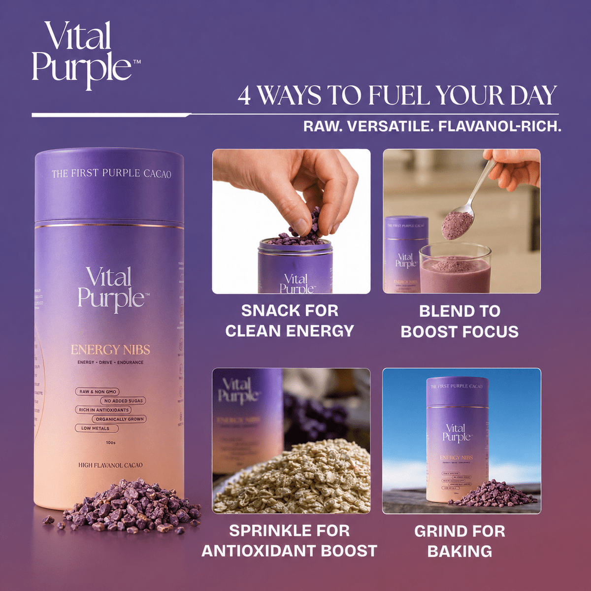 High Flavanol Cocoa Nibs 10 oz | High Antioxidant | Low Cadmium | Raw Cacao | Purple Cocoa - Vital Purple