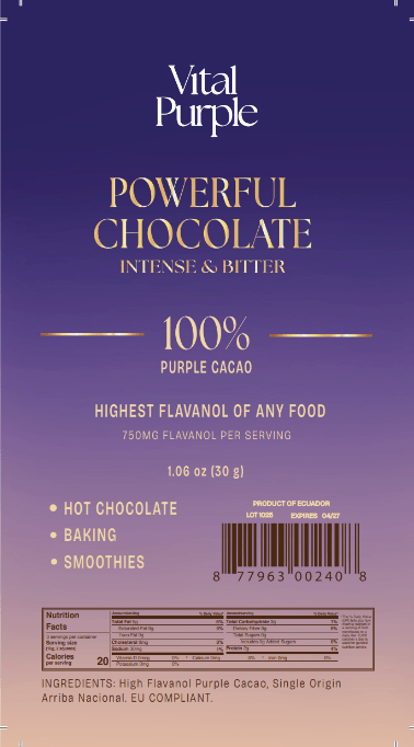 High Flavanol Dark Chocolate | 4 oz | 100% Dark Chocolate | Bitter | Intense - Vital Purple