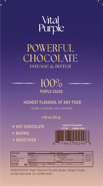 High Flavanol Dark Chocolate | 4 oz | 100% Dark Chocolate | Bitter | Intense - Vital Purple