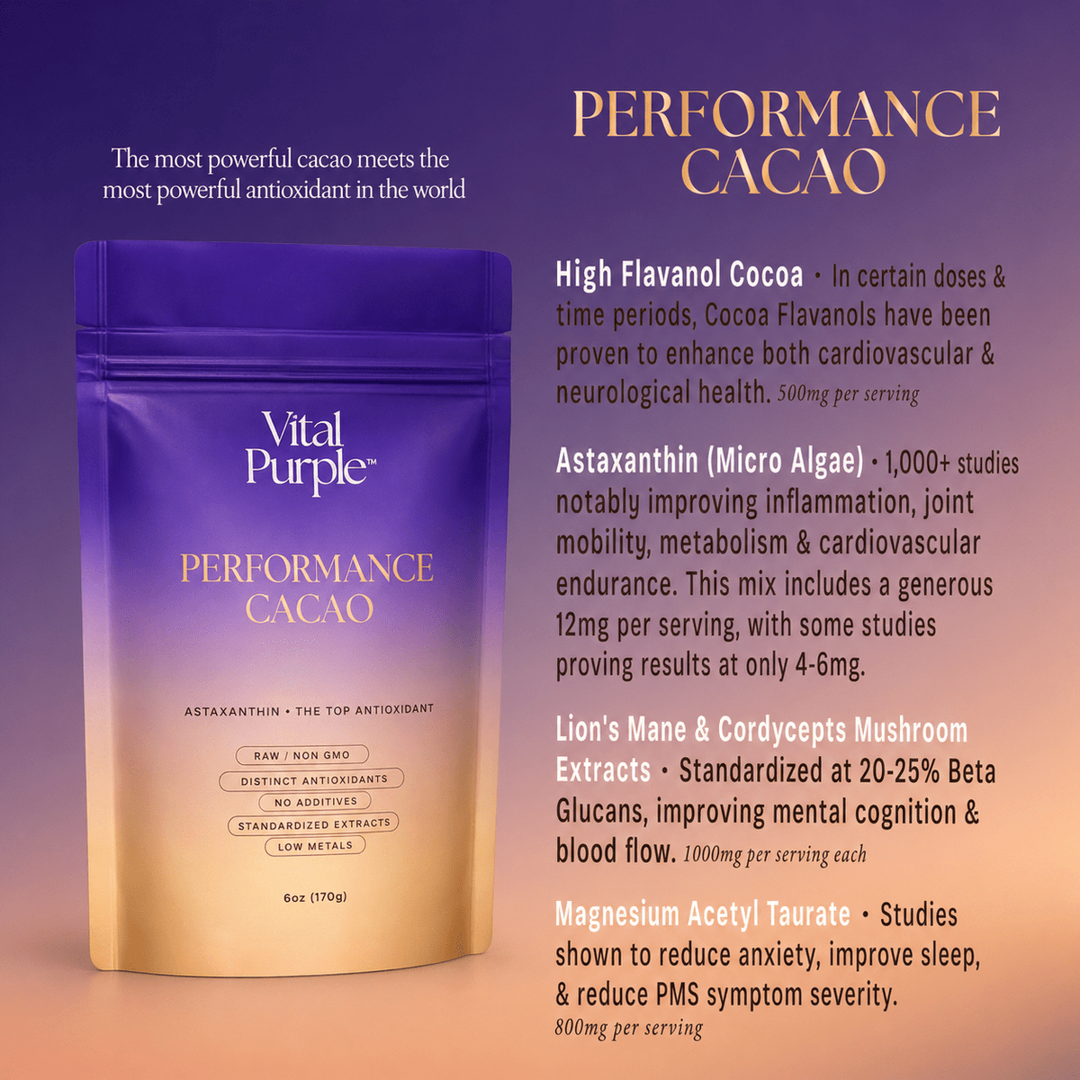 Mushroom Cocoa, Astaxanthin, Cocoa Flavanols, Magnesium Taurate - Vital Purple