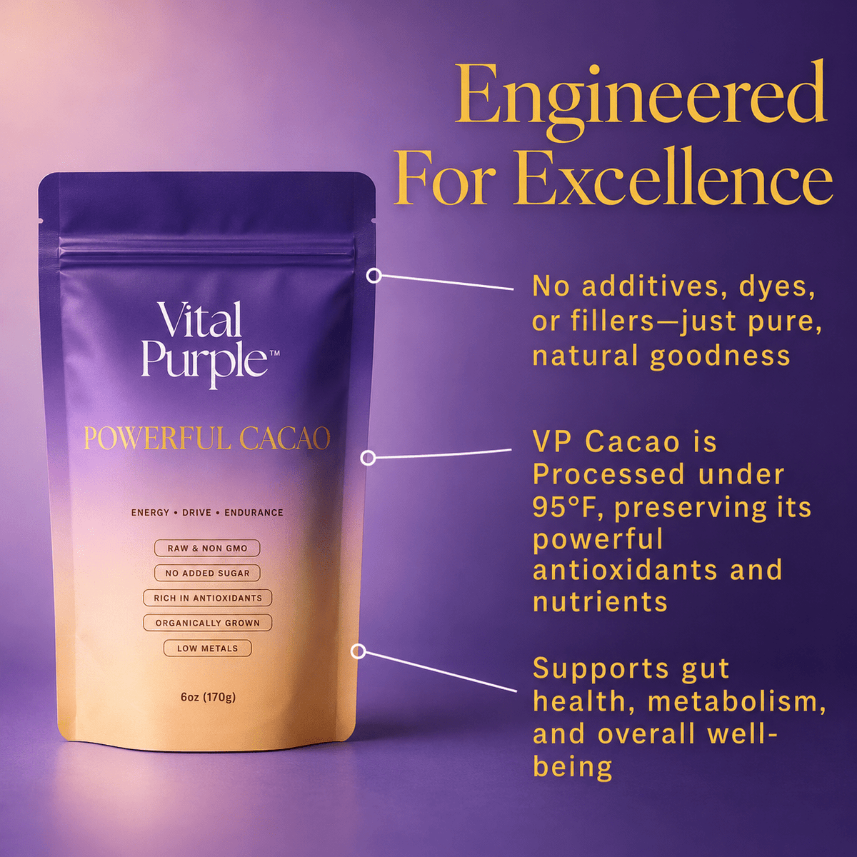 Organic High Flavanol Cocoa Powder | Purple Cacao Powder | 25% Fat - Vital Purple