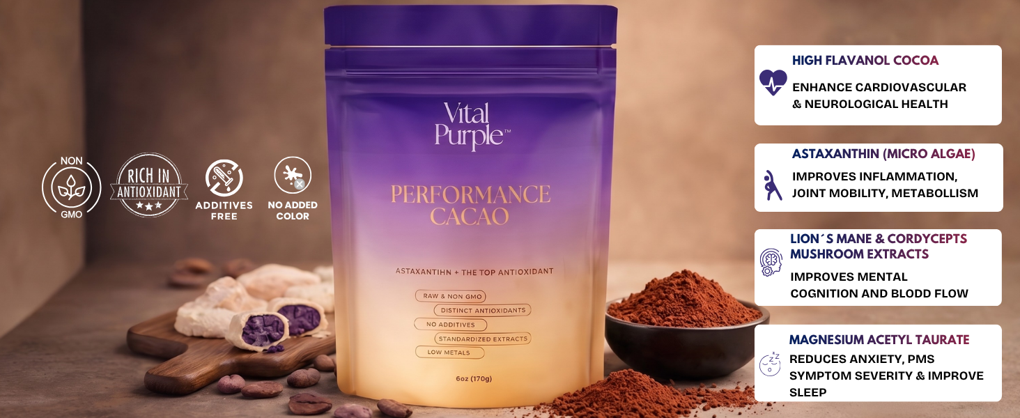 Vital Purple Performance Cacao packaging with ingredients and health benefits on a brown background