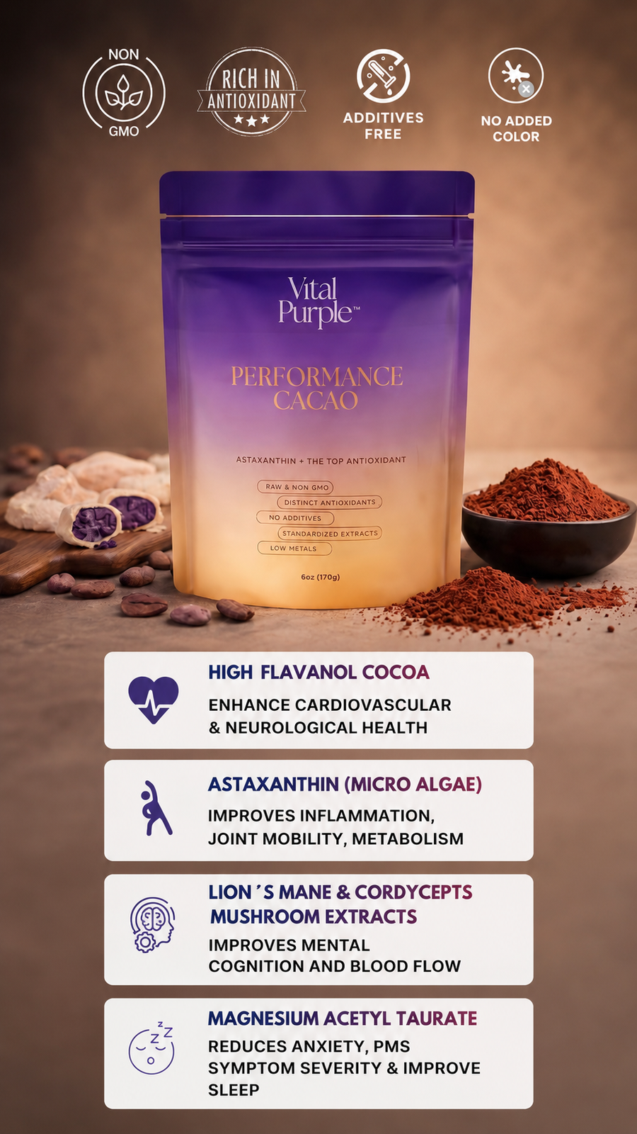 Vital Purple Performance Cacao packaging with ingredients listed on a brown background